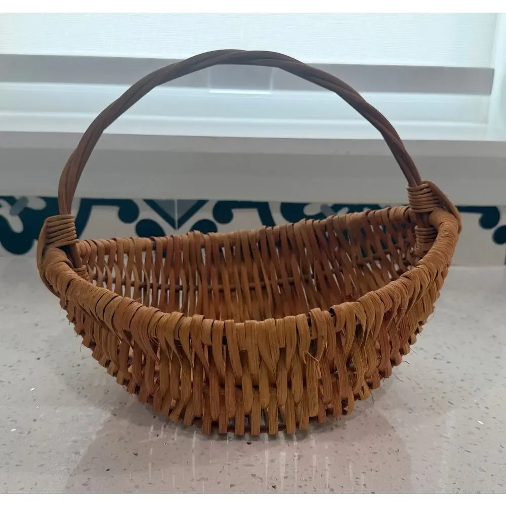 Vintage Handmade Woven Splint Basket Oval 10x8 Fixed Handle Primitive Farmhouse